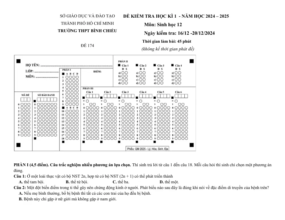 Đề thi Học kì 1 Sinh học 12 năm 2024-2025 trường THPT Bình Chiểu (TP Hồ Chí Minh) - trang 18