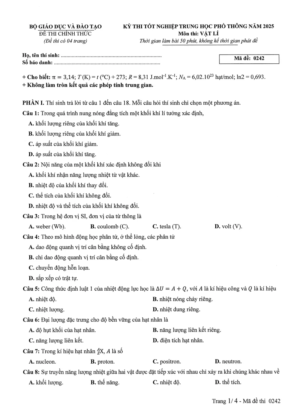 Đề chính thức Vật lí năm 2025 Tốt nghiệp THPT (Mã đề 0242) - trang 1