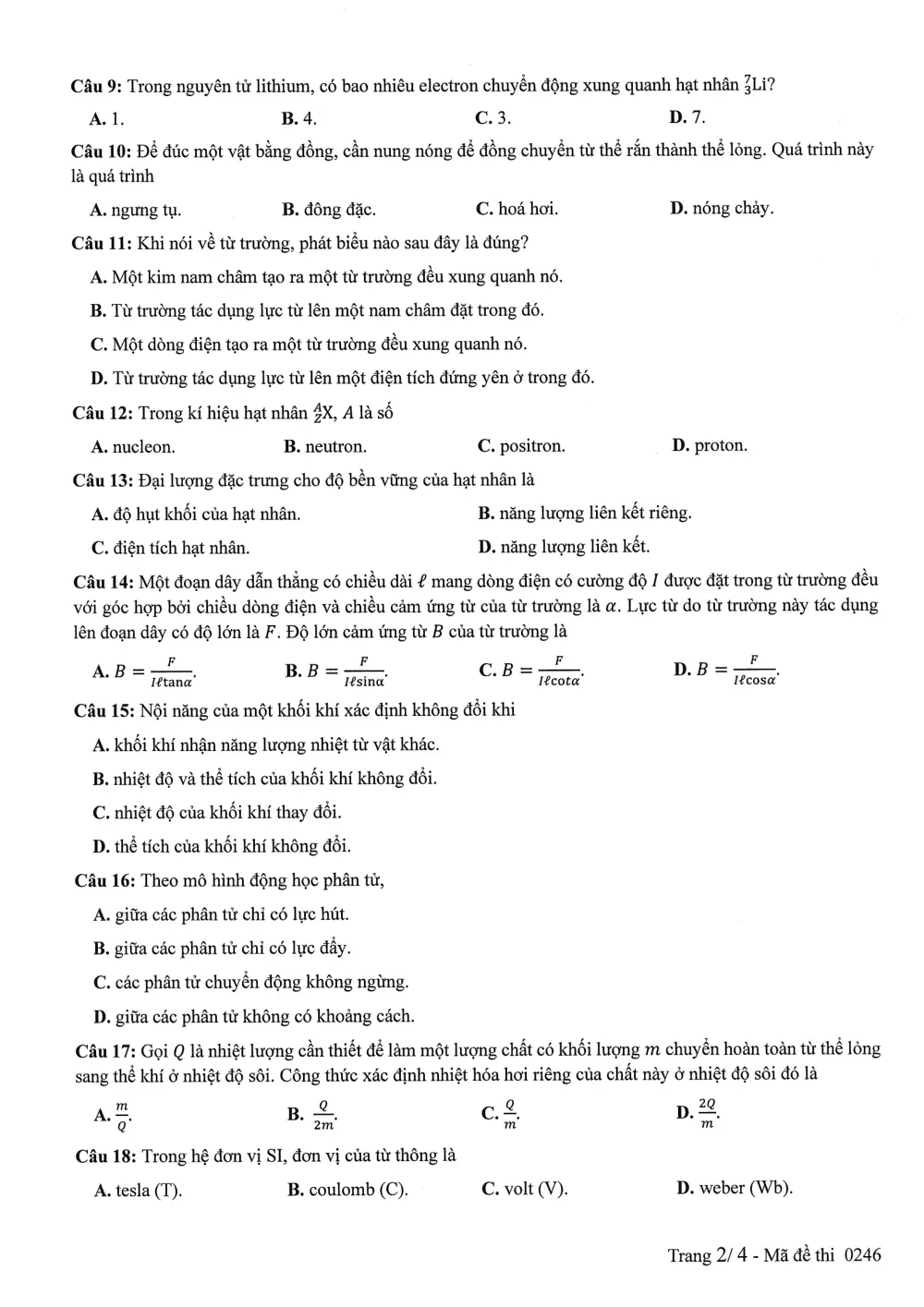 Đề chính thức Vật lí năm 2025 Tốt nghiệp THPT (Mã đề 0246) - trang 2
