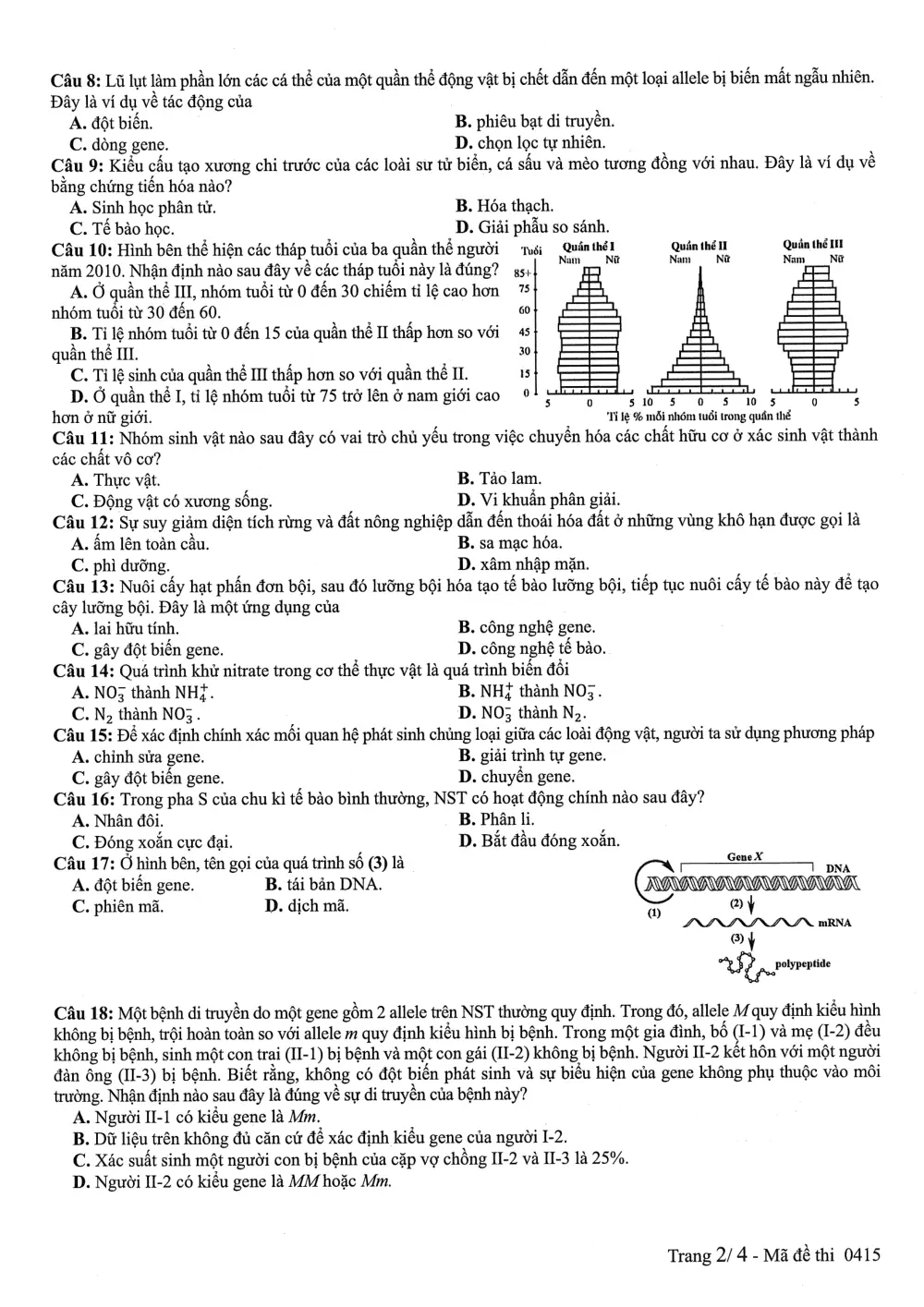 Đề chính thức Sinh học năm 2025 Tốt nghiệp THPT (Mã đề 0415) - trang 2
