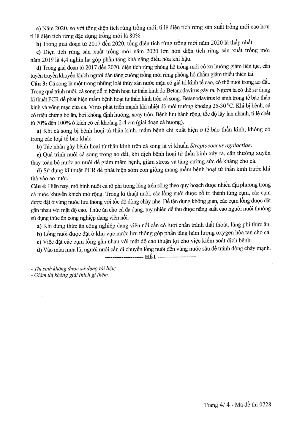 Đề chính thức Công nghệ Nông nghiệp năm 2025 Tốt nghiệp THPT (Mã đề 0728) (Có đáp án) - trang 4