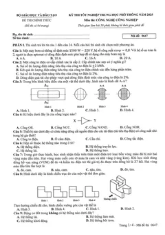 Trang đầu Đề chính thức Công nghệ Công nghiệp năm 2025 Tốt nghiệp THPT (Mã đề 0647) (Có đáp án)