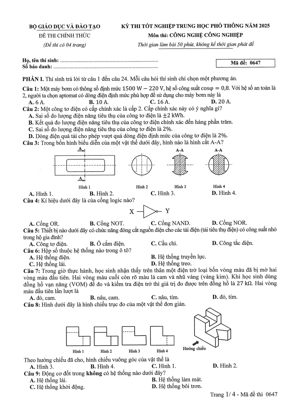 Đề chính thức Công nghệ Công nghiệp năm 2025 Tốt nghiệp THPT (Mã đề 0647) (Có đáp án) - trang 1