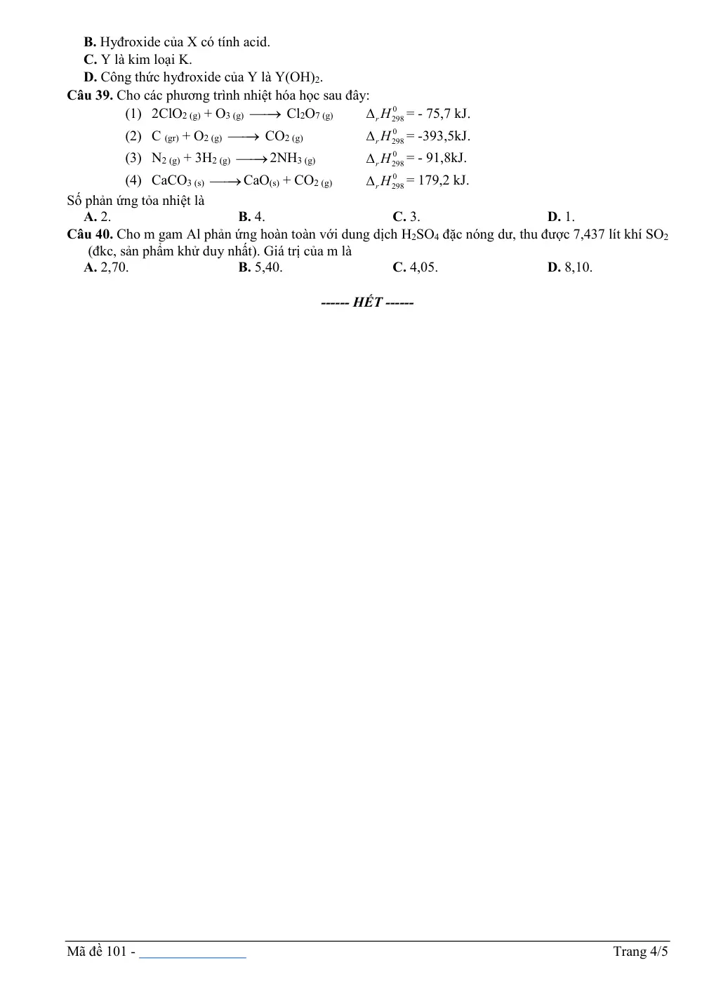 Đề Khảo sát đầu năm Hóa học 11 năm 2023-2024 trường THPT Thuận Thành số 1 (Bắc Ninh) - trang 4