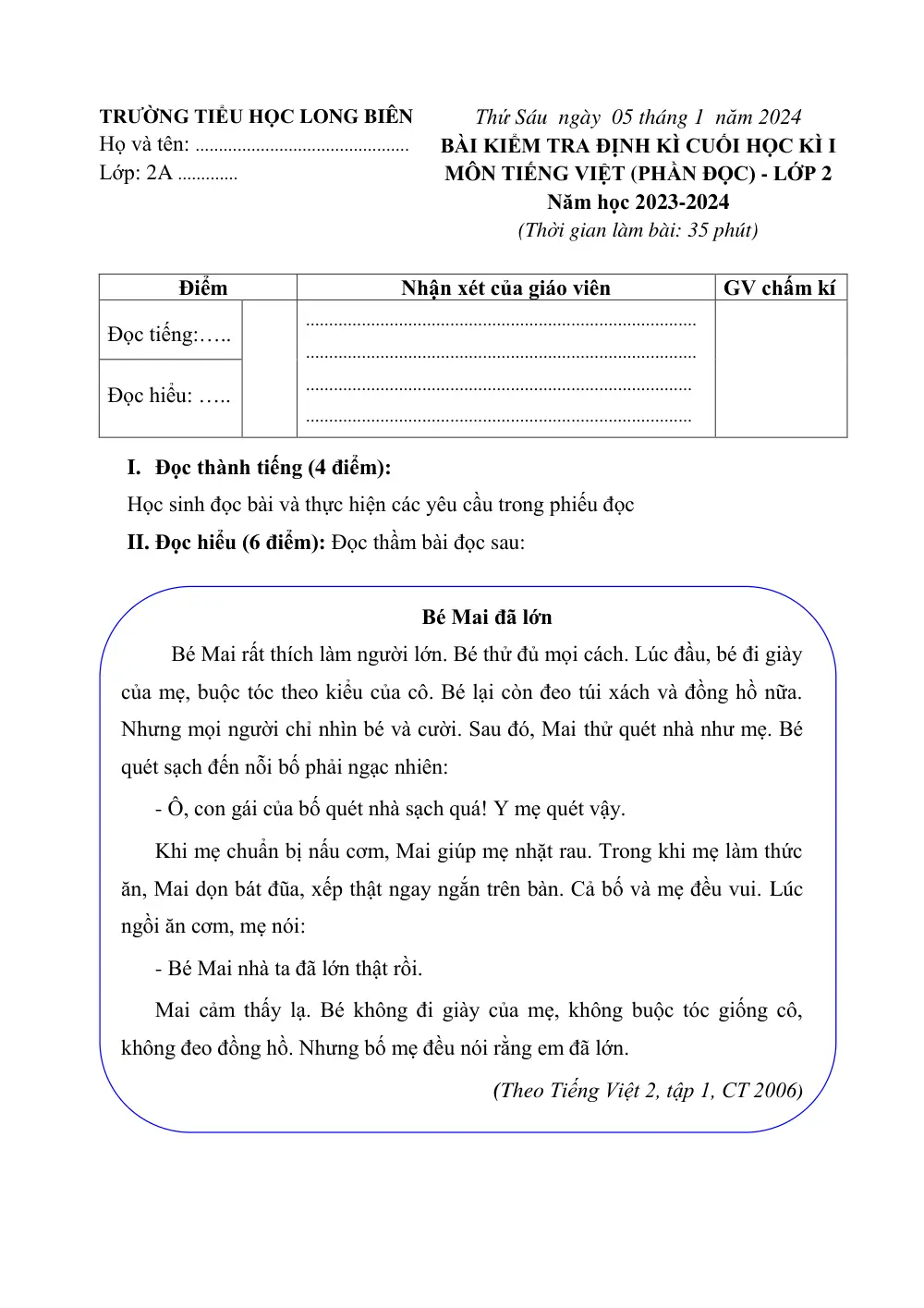Đề thi Học kì 1 Tiếng Việt lớp 2 năm 2023-2024 trường Tiểu học Long Biên (Hà Nội) - trang 1