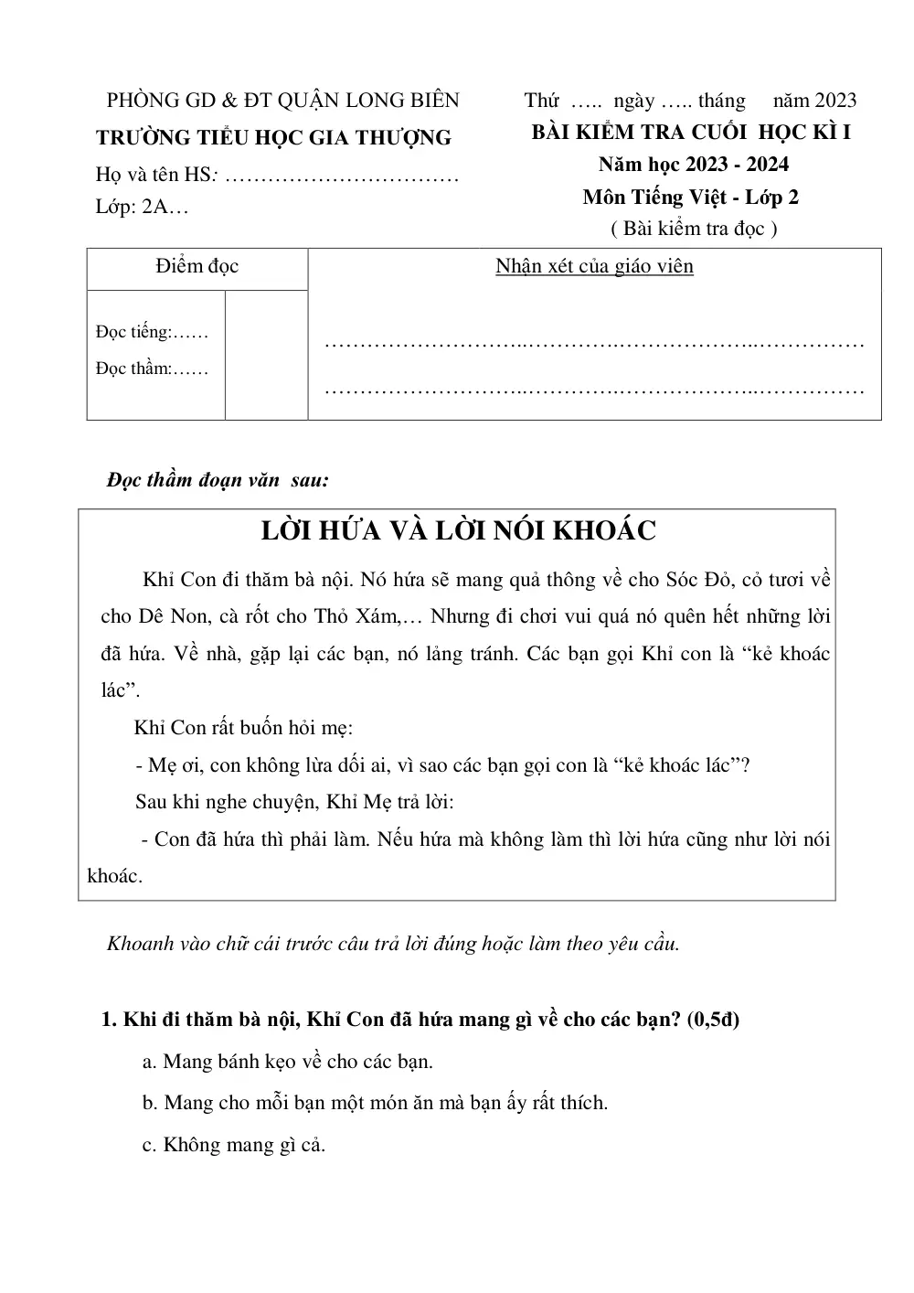 Đề thi Học kì 1 Tiếng Việt lớp 2 năm 2023-2024 trường Tiểu học Gia Thượng (Đề số 4) (Hà Nội) - trang 1