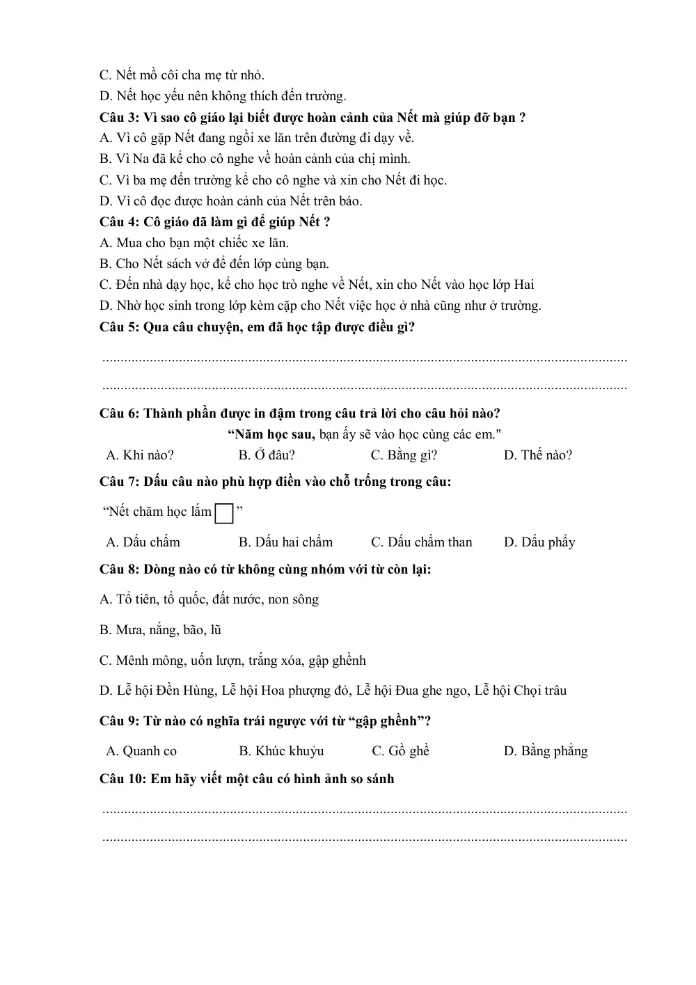 Đề thi Học kì 2 Tiếng Việt lớp 3 năm 2023-2024 trường Tiểu học Dư Hàng Kênh (Hải Phòng) - trang 2