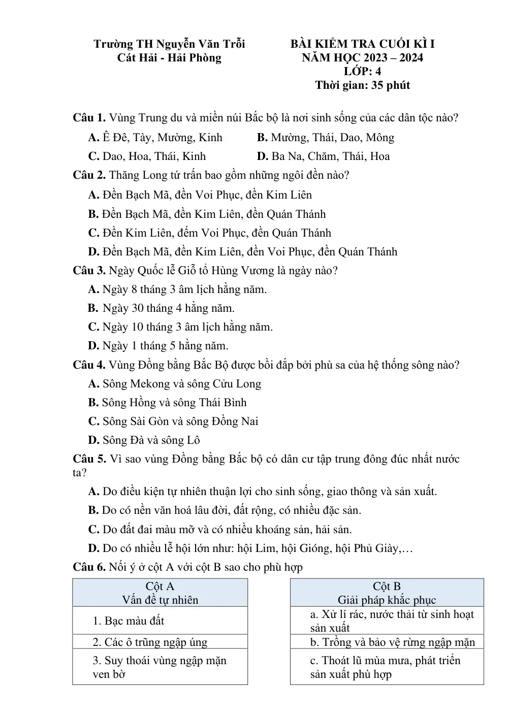 Đề thi Học kì 1 Lịch sử & Địa lí lớp 4 năm 2023-2024 trường Tiểu học Nguyễn Văn Trỗi (Hải Phòng) - trang 1