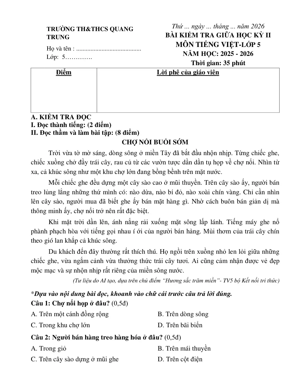 Đề thi Giữa kì 2 Tiếng Việt lớp 5 năm 2025-2026 trường TH&THCS Quang Trung (Hưng Yên) - trang 1