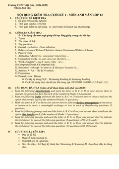 Trang đầu Đề cương ôn tập Học kì 1 Tiếng Anh 12 năm 2024-2025 trường THPT Việt Đức (Hà Nội)