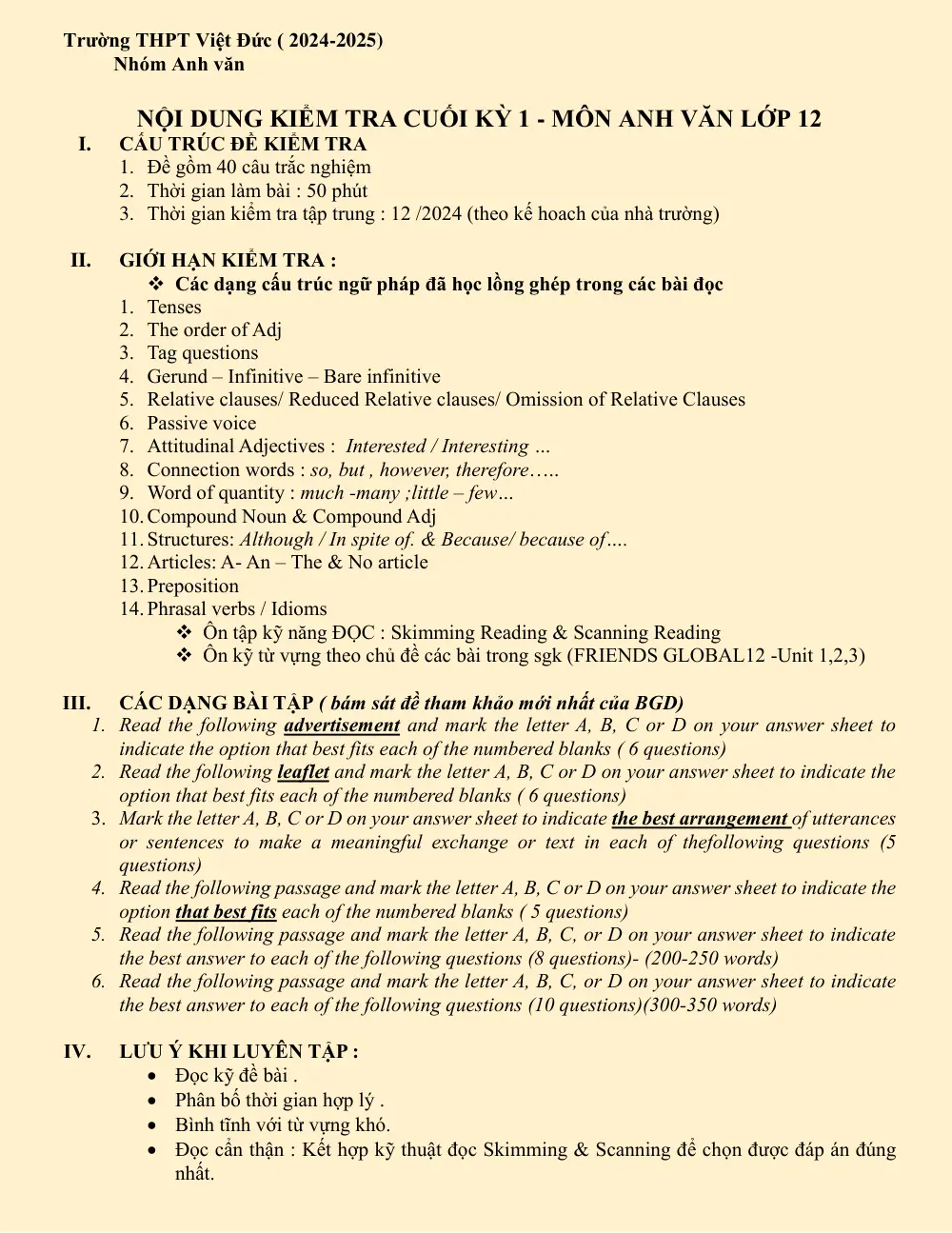 Đề cương ôn tập Học kì 1 Tiếng Anh 12 năm 2024-2025 trường THPT Việt Đức (Hà Nội) - trang 1