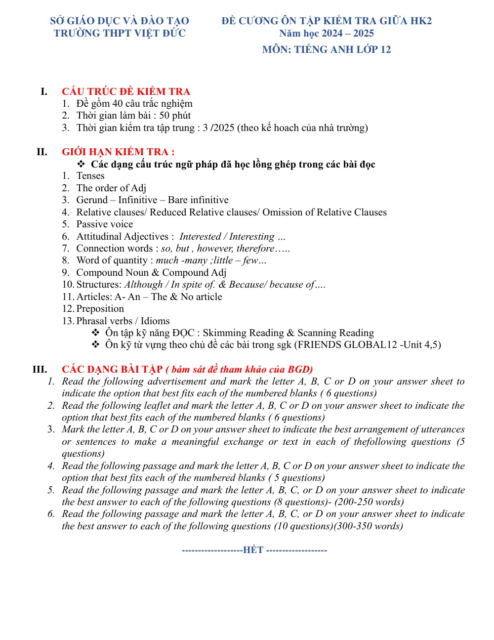 Đề cương ôn tập Giữa kì 2 Tiếng Anh 12 năm 2024-2025 trường THPT Việt Đức (Hà Nội) - trang 1