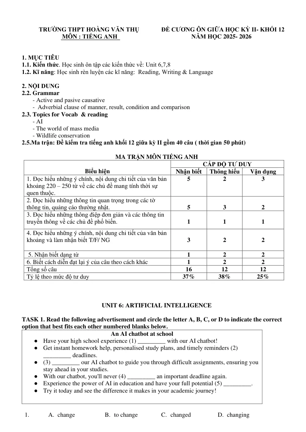 Đề cương ôn tập Giữa kì 2 Tiếng Anh 12 năm 2025-2026 trường THPT Hoàng Văn Thụ (Hà Nội) - trang 1