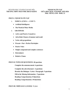 Trang đầu Đề cương ôn tập Giữa kì 2 Tiếng Anh 12 năm 2025-2026 trường THPT Trần Phú (Hà Nội)