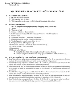 Trang đầu Đề cương ôn tập Học kì 2 Tiếng Anh 12 năm 2024-2025 trường THPT Việt Đức (Hà Nội)