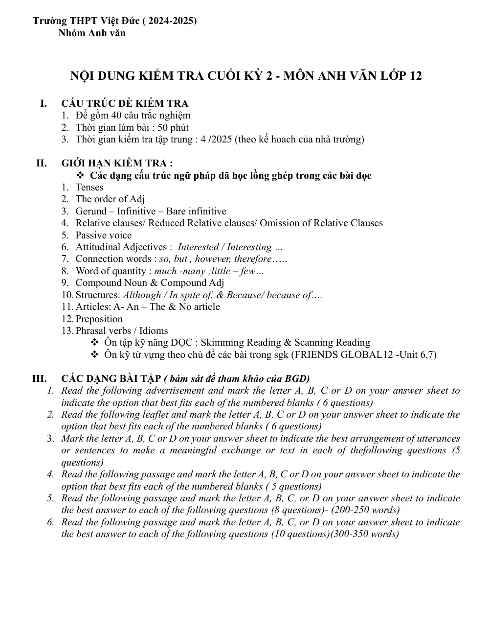 Đề cương ôn tập Học kì 2 Tiếng Anh 12 năm 2024-2025 trường THPT Việt Đức (Hà Nội) - trang 1