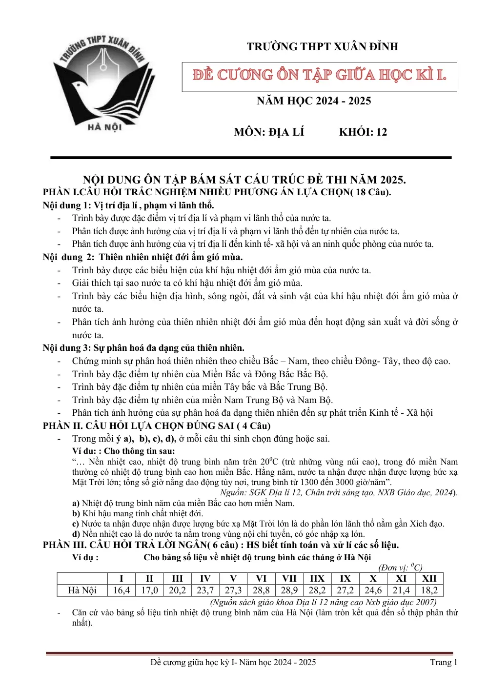 Đề cương ôn tập Giữa kì 1 Địa lí 12 năm 2024-2025 trường THPT Xuân Đỉnh (Hà Nội) - trang 1