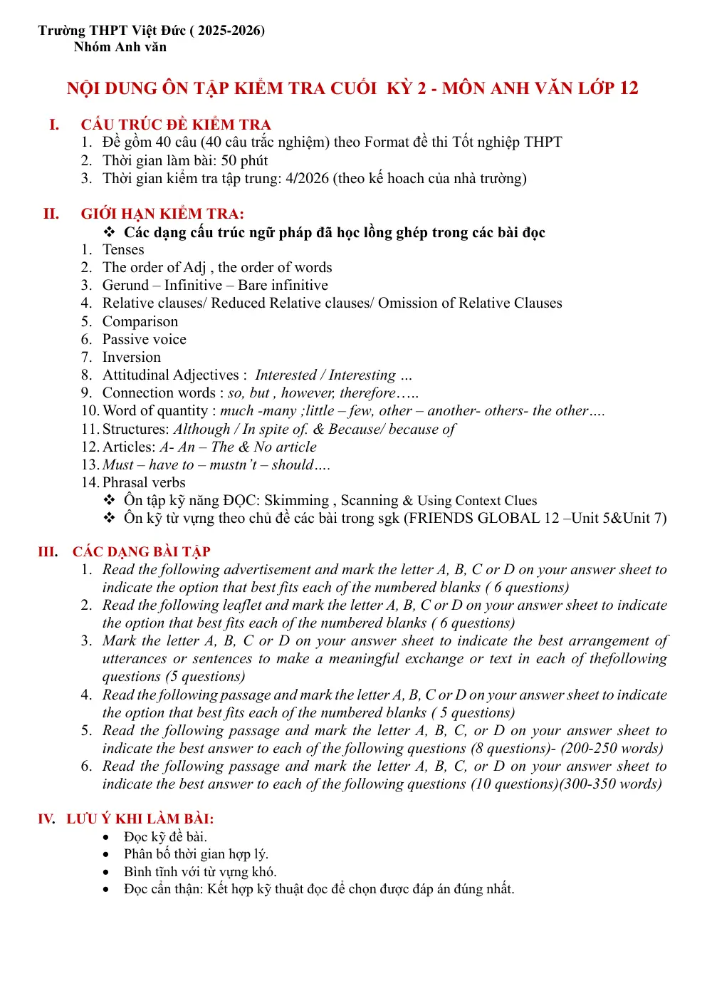 Đề cương ôn tập Học kì 2 Tiếng Anh 12 năm 2025-2026 trường THPT Việt Đức (Hà Nội) - trang 1