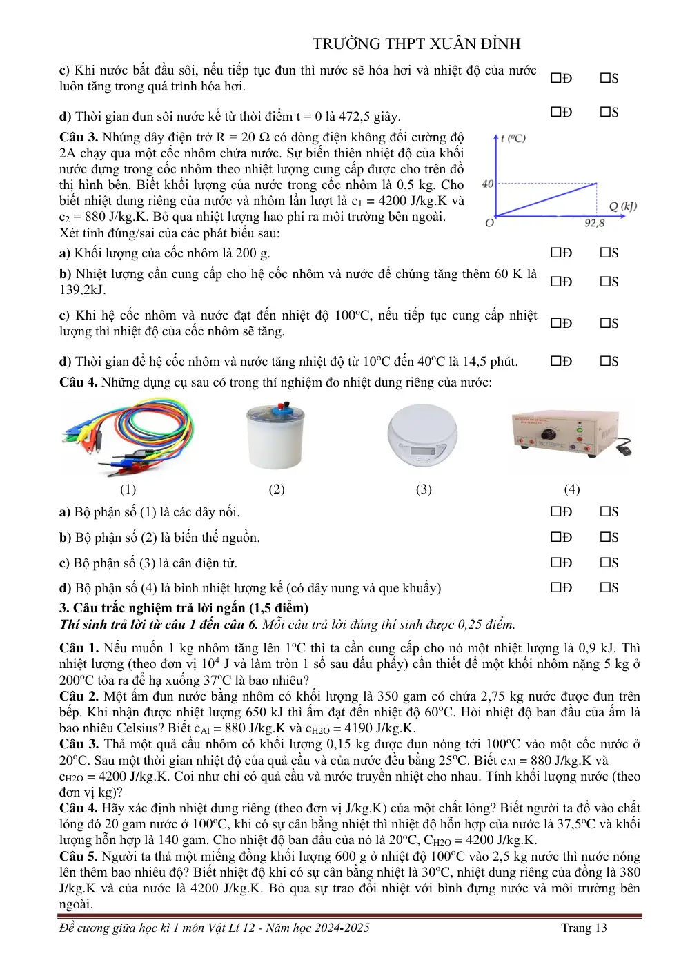 Đề cương ôn tập Giữa kì 1 Vật lí 12 năm 2024-2025 trường THPT Xuân Đỉnh (Hà Nội) - trang 13