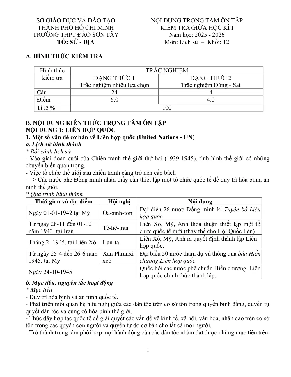 Đề cương ôn tập Giữa kì 1 Lịch sử 12 năm 2025-2026 trường THPT Đào Sơn Tây (TP Hồ Chí Minh) - trang 1