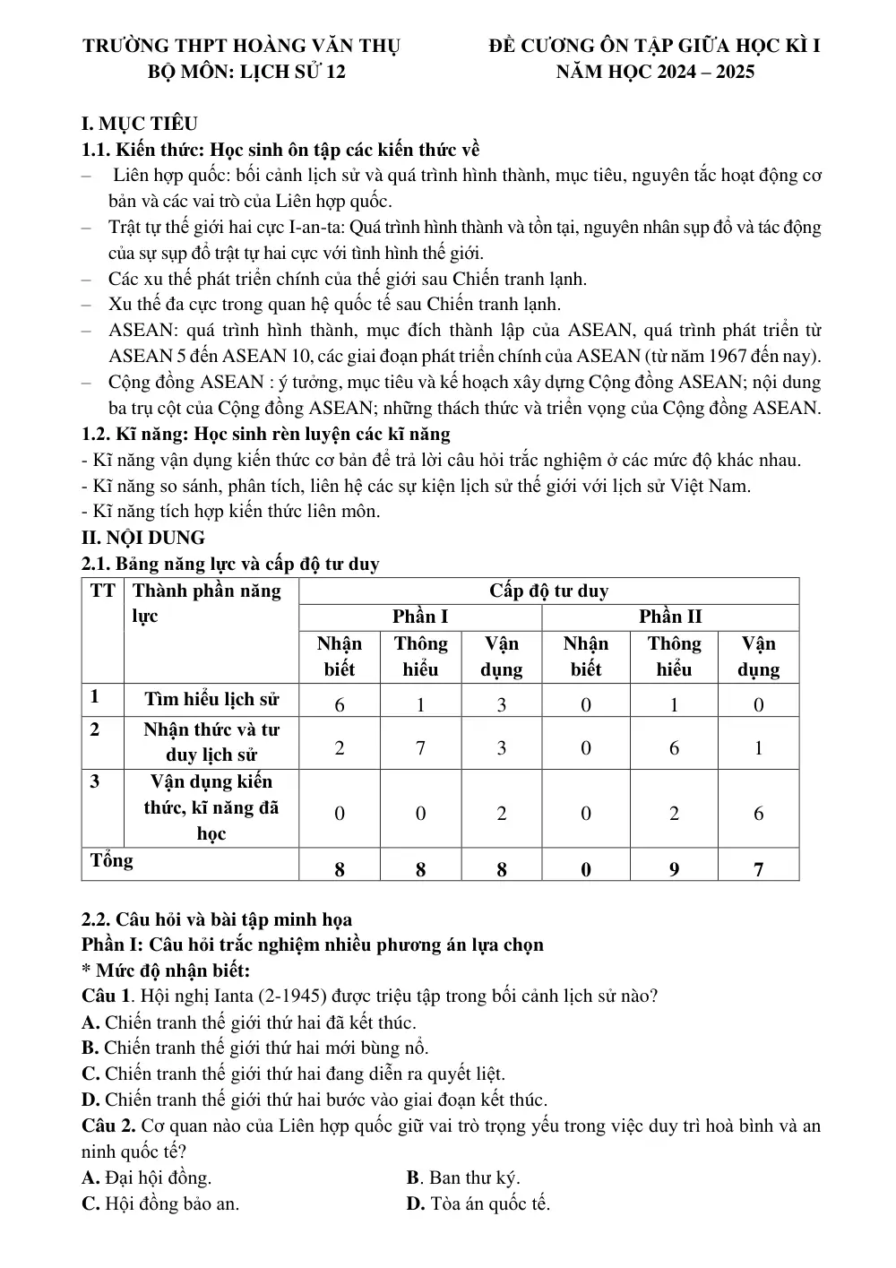 Đề cương ôn tập Giữa kì 1 Lịch sử 12 năm 2024-2025 trường THPT Hoàng Văn Thụ (Hà Nội) - trang 1