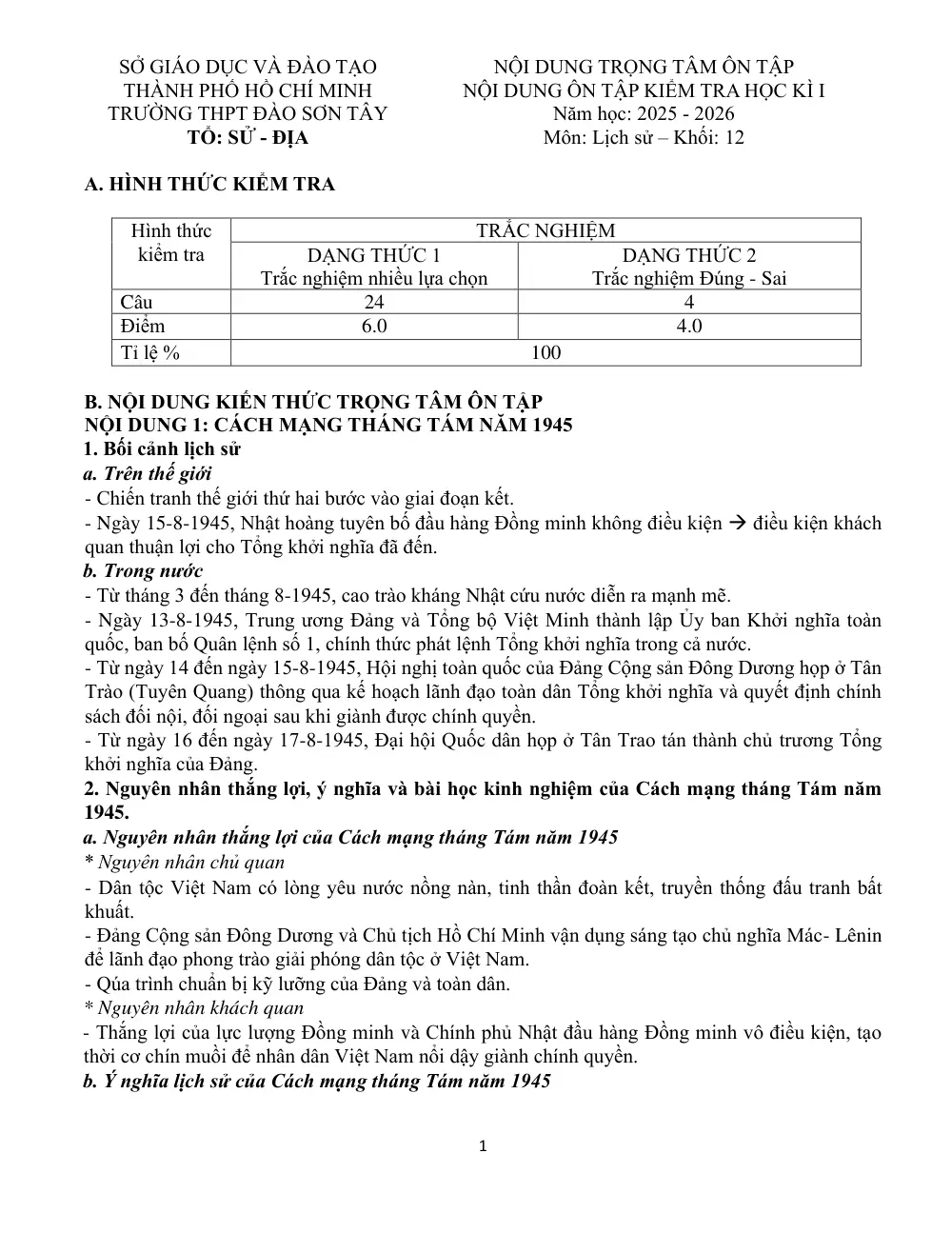 Đề cương ôn tập Học kì 1 Lịch sử 12 năm 2025-2026 trường THPT Đào Sơn Tây (TP Hồ Chí Minh) - trang 1