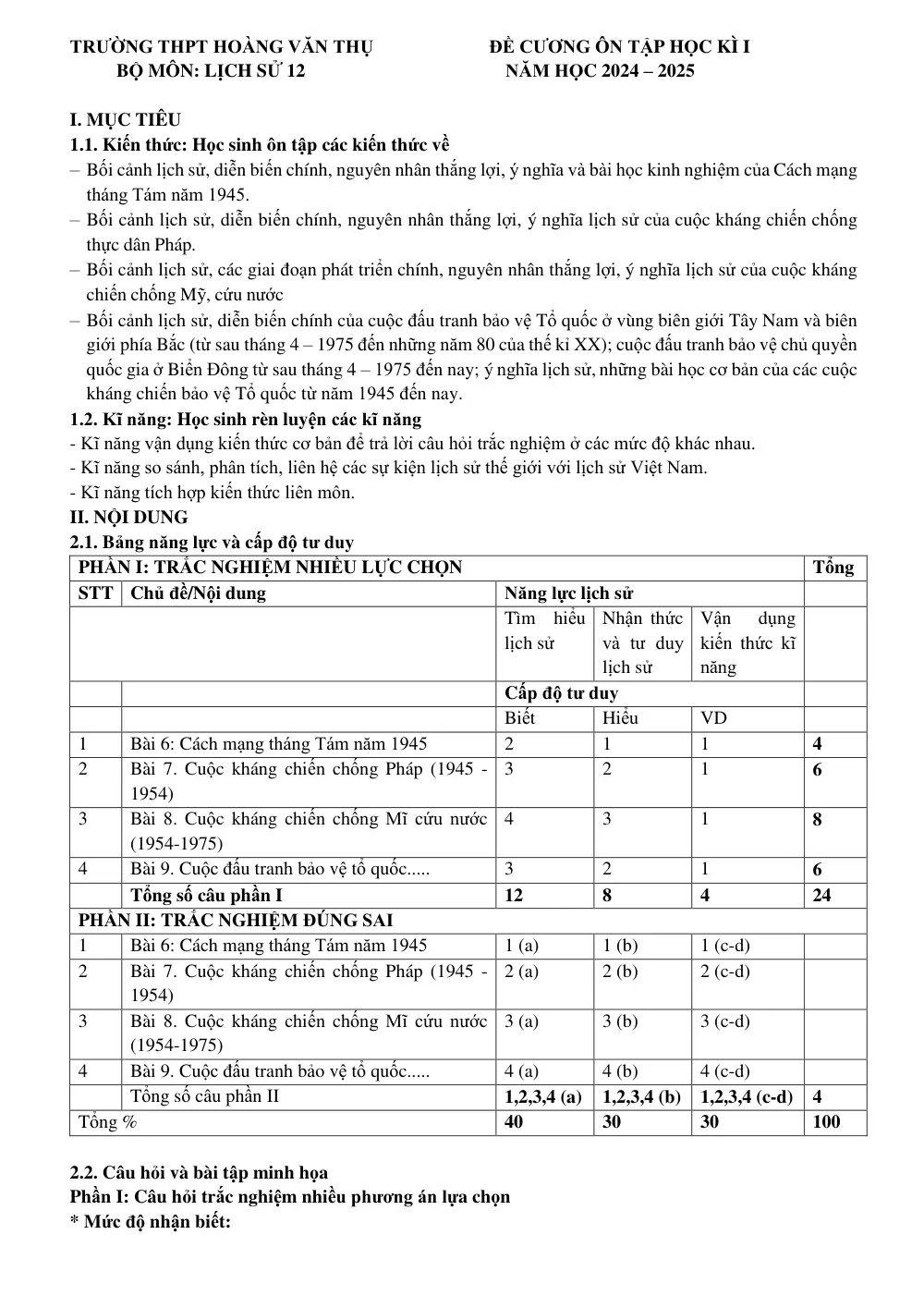 Đề cương ôn tập Học kì 1 Lịch sử 12 năm 2024-2025 trường THPT Hoàng Văn Thụ (Hà Nội) - trang 1