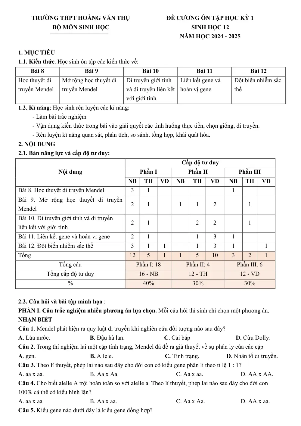 Đề cương ôn tập Học kì 1 Sinh học 12 năm 2024-2025 trường THPT Hoàng Văn Thụ (Hà Nội) - trang 1