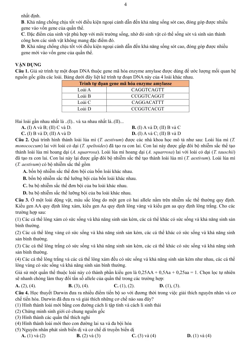 Đề cương ôn tập Giữa kì 2 Sinh học 12 năm 2024-2025 trường THPT Hoàng Văn Thụ (Hà Nội) - trang 4