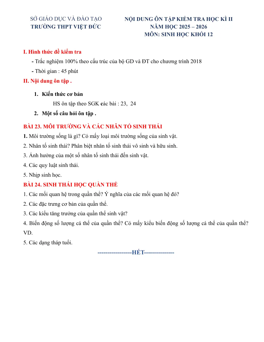Đề cương ôn tập Học kì 2 Sinh học 12 năm 2025-2026 trường THPT Việt Đức (Hà Nội) - trang 1