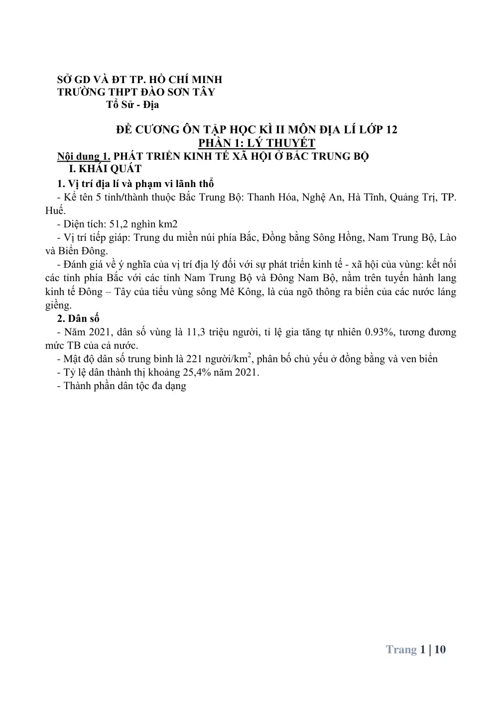 Đề cương ôn tập Học kì 2 Địa lí 12 năm 2025-2026 trường THPT Đào Sơn Tây (TP Hồ Chí Minh) - trang 1