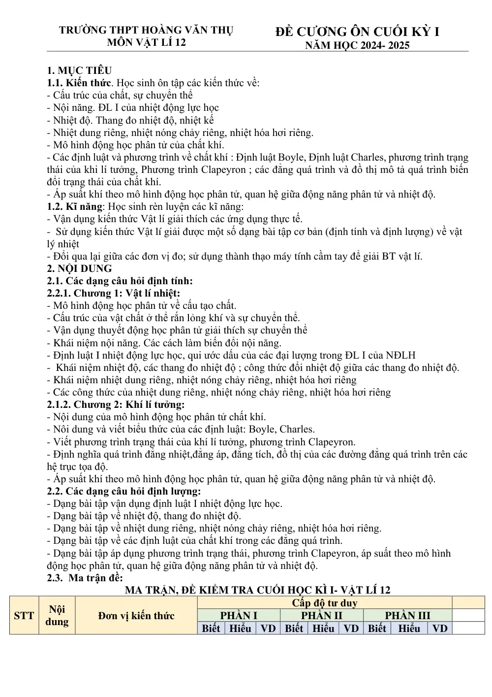 Đề cương ôn tập Học kì 1 Vật lí 12 năm 2024-2025 trường THPT Hoàng Văn Thụ (Hà Nội) - trang 1