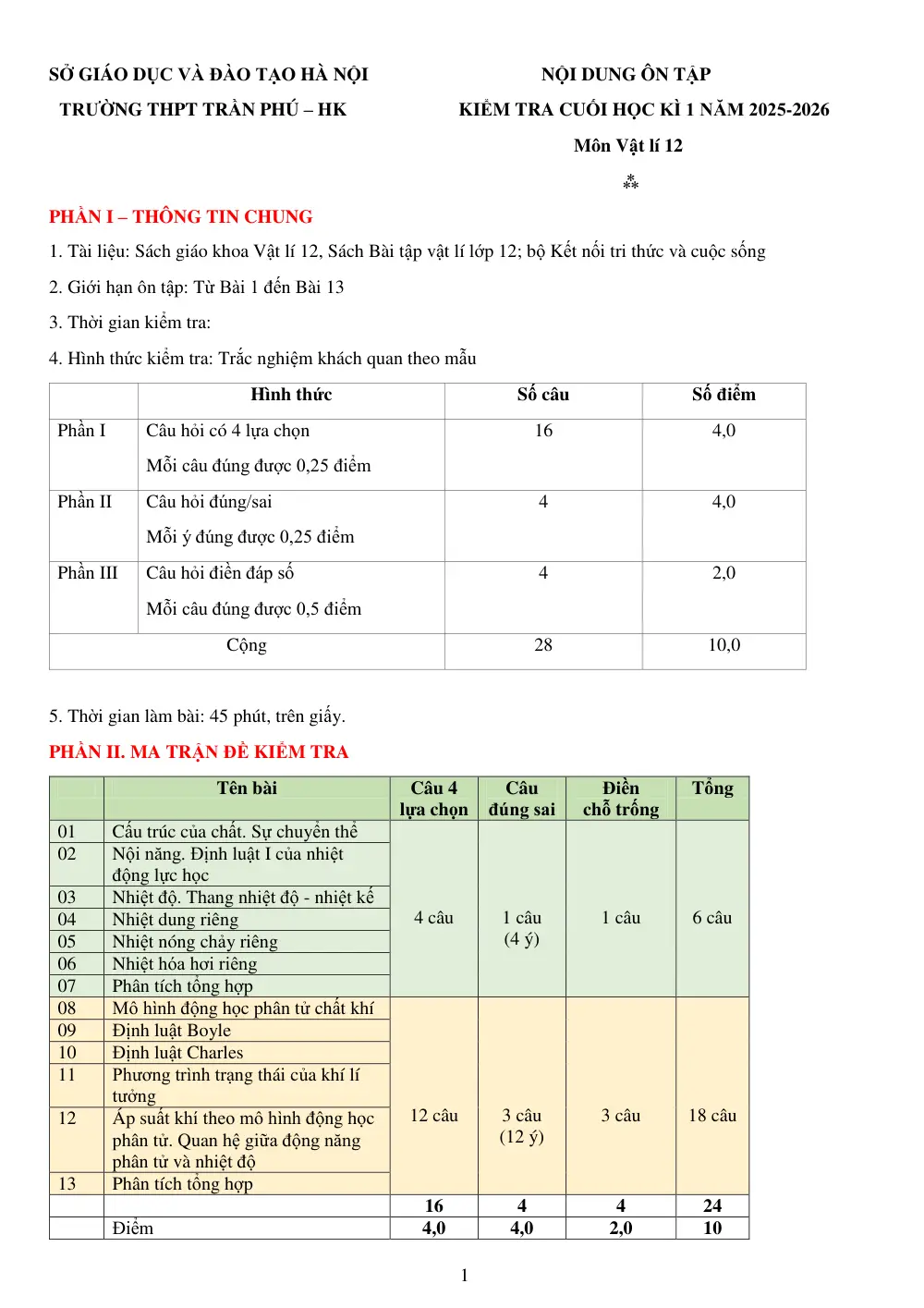 Đề cương ôn tập Học kì 1 Vật lí 12 năm 2025-2026 trường THPT Trần Phú (Hà Nội) - trang 1