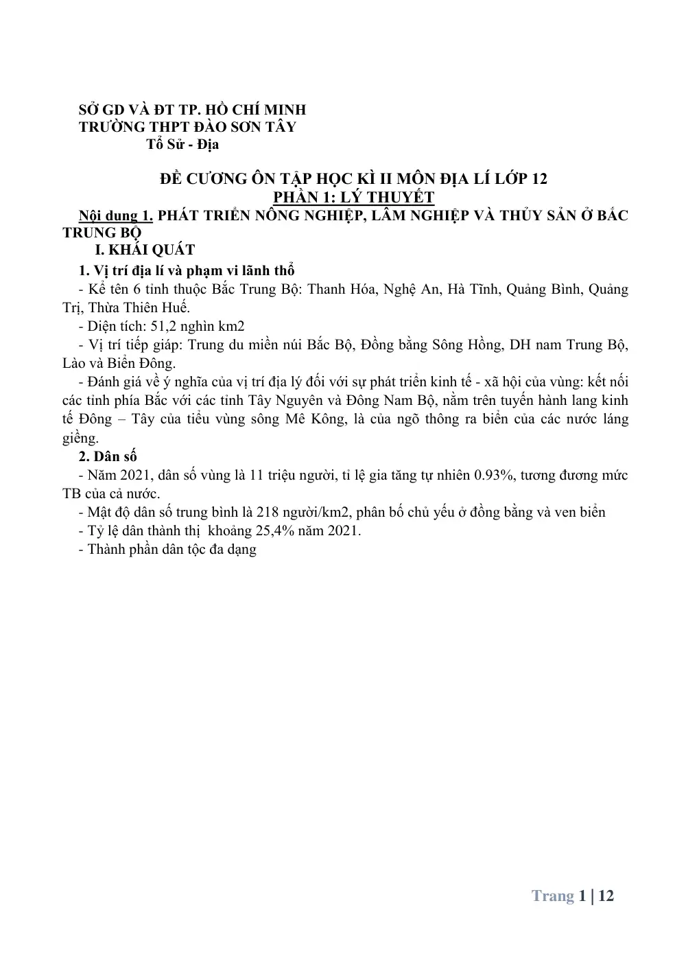 Đề cương ôn tập Học kì 2 Địa lí 12 năm 2024-2025 trường THPT Đào Sơn Tây (TP Hồ Chí Minh) - trang 1