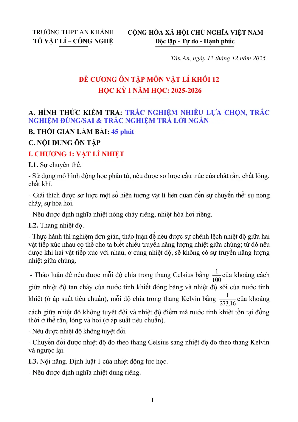 Đề cương ôn tập Học kì 1 Vật lí 12 năm 2025-2026 trường THPT An Khánh (Cần Thơ) - trang 1