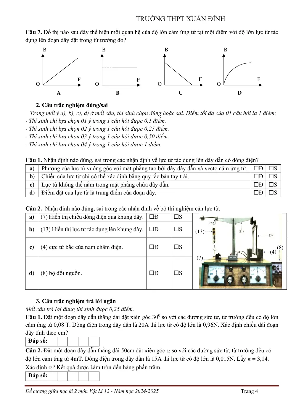 Đề cương ôn tập Giữa kì 2 Vật lí 12 năm 2024-2025 trường THPT Xuân Đỉnh (Hà Nội) - trang 4
