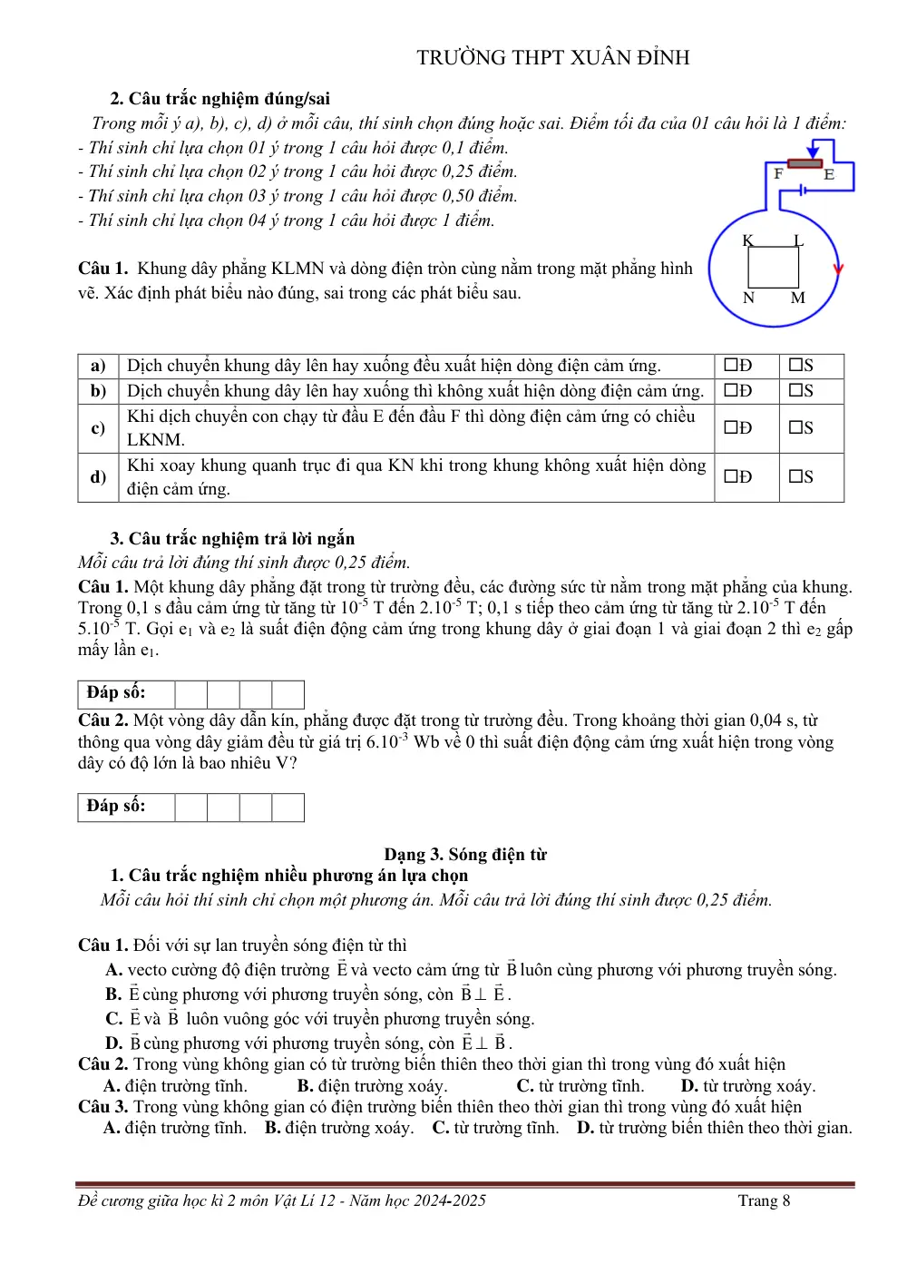 Đề cương ôn tập Giữa kì 2 Vật lí 12 năm 2024-2025 trường THPT Xuân Đỉnh (Hà Nội) - trang 8