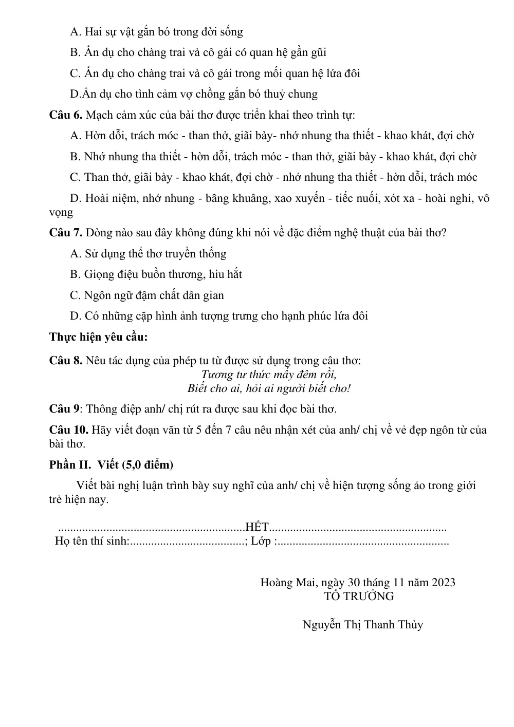 Đề cương ôn tập Học kì 1 Ngữ văn 11 năm 2023-2024 trường THPT Hoàng Văn Thụ (Hà Nội) - trang 4