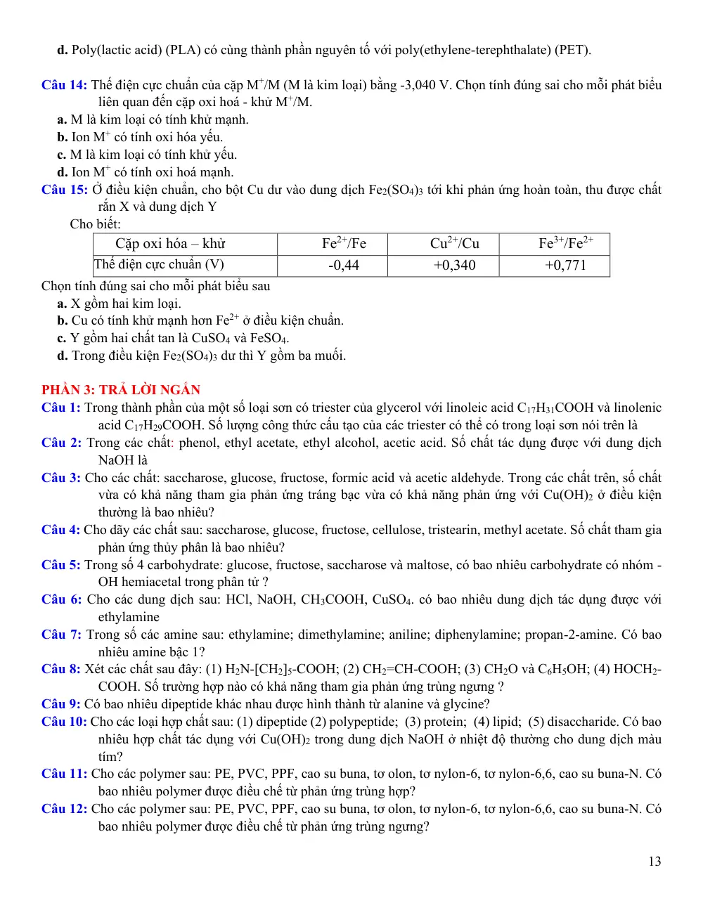 Đề cương ôn tập Học kì 1 Hóa học 12 năm 2025-2026 trường THPT Đào Sơn Tây (TP Hồ Chí Minh) - trang 13