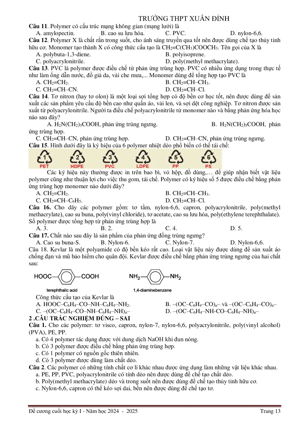 Đề cương ôn tập Học kì 1 Hóa học 12 năm 2024-2025 trường THPT Xuân Đỉnh (Hà Nội) - trang 13