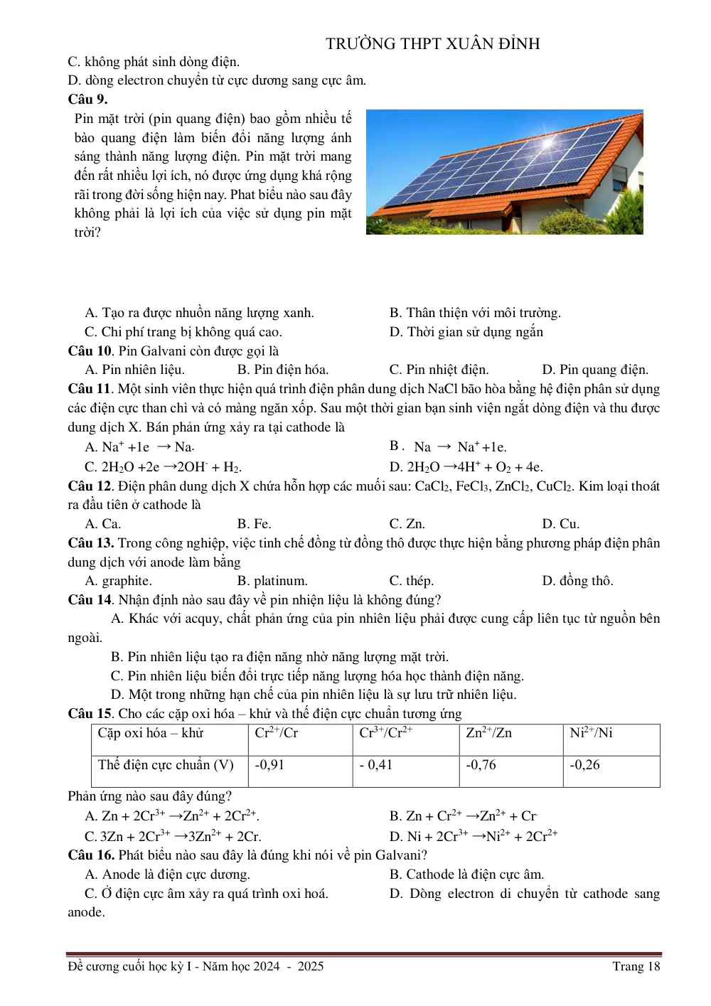 Đề cương ôn tập Học kì 1 Hóa học 12 năm 2024-2025 trường THPT Xuân Đỉnh (Hà Nội) - trang 18