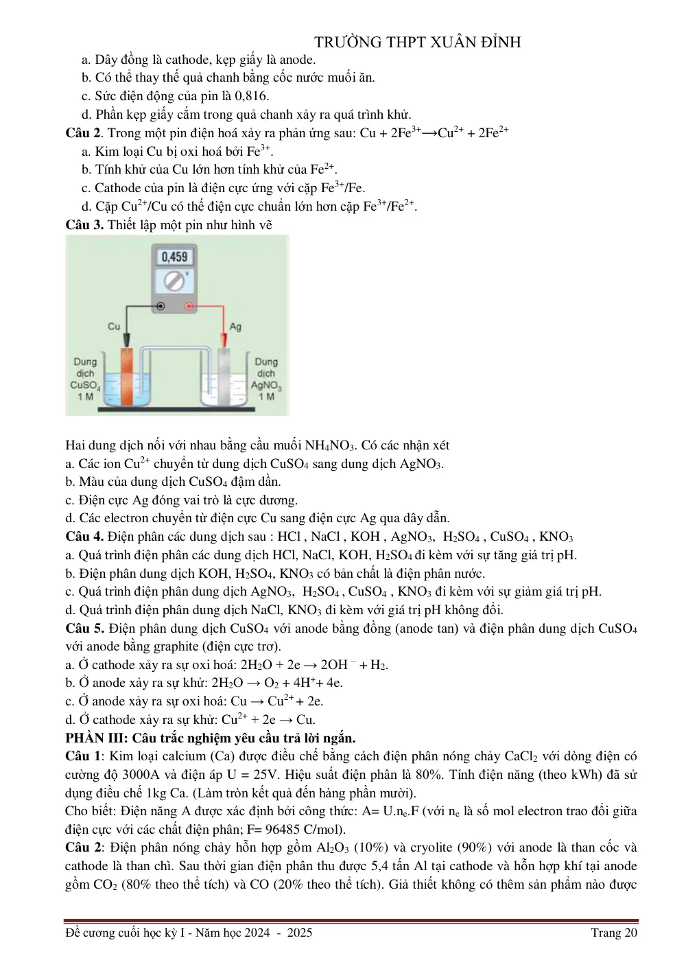 Đề cương ôn tập Học kì 1 Hóa học 12 năm 2024-2025 trường THPT Xuân Đỉnh (Hà Nội) - trang 20