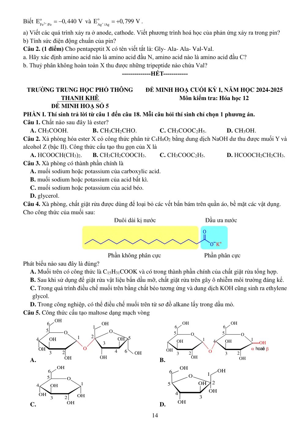 Đề cương ôn tập Học kì 1 Hóa học 12 năm 2024-2025 trường THPT Thanh Khê (Đà Nẵng) - trang 14