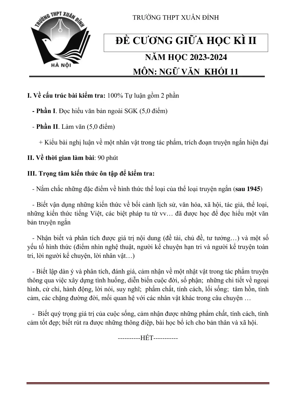 Đề cương ôn tập Giữa kì 2 Ngữ văn 11 năm 2023-2024 trường THPT Xuân Đỉnh (Hà Nội) - trang 1