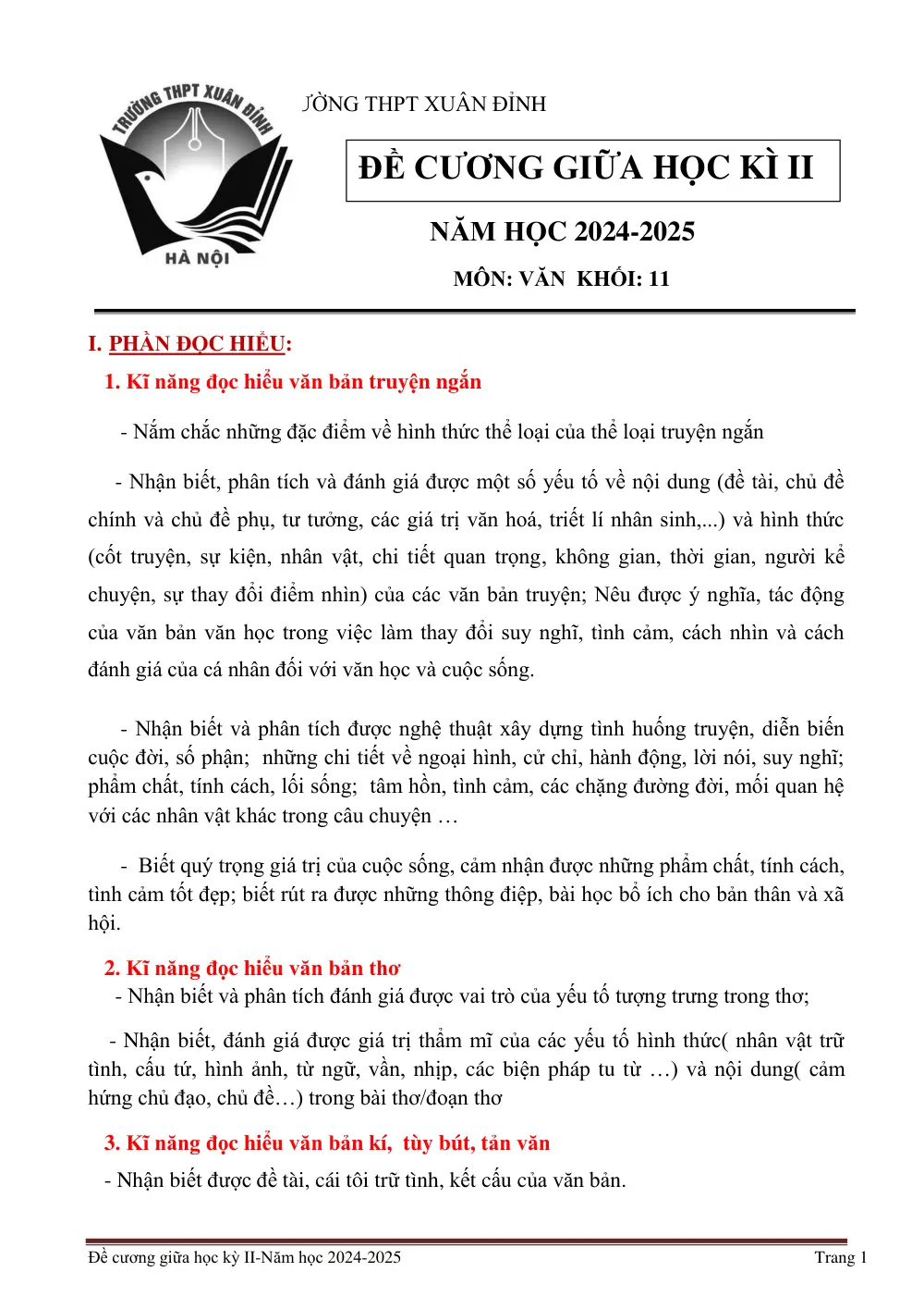 Đề cương ôn tập Giữa kì 2 Ngữ văn 11 năm 2024-2025 trường THPT Xuân Đỉnh (Hà Nội) - trang 1