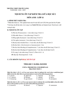 Trang đầu Đề cương ôn tập Giữa kì 2 Tiếng Anh 11 năm 2024-2025 trường THPT Phước Long(TP Hồ Chí Minh)