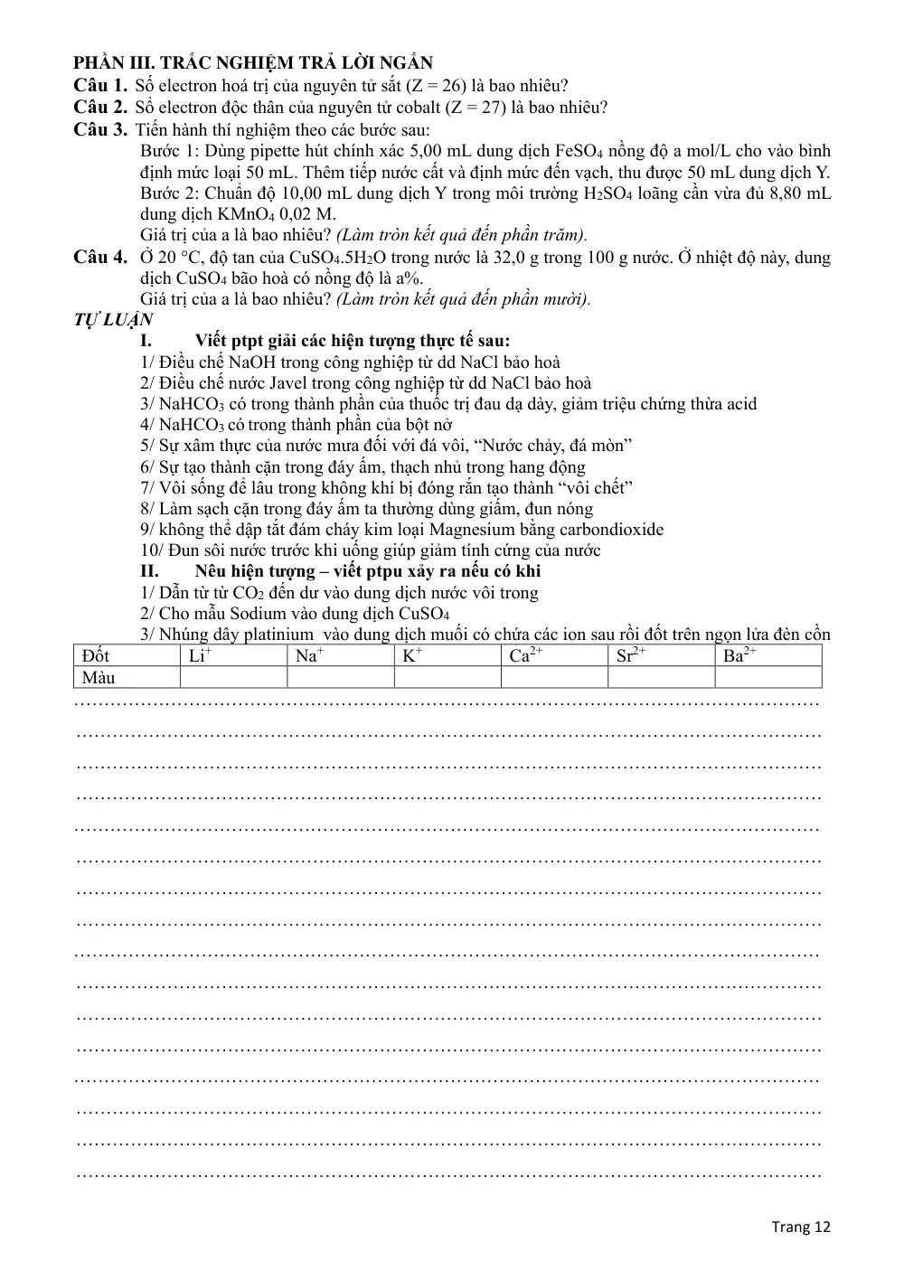 Đề cương ôn tập Học kì 2 Hóa học 12 năm 2024-2025 trường THPT Linh Trung (TP Hồ Chí Minh) - trang 12