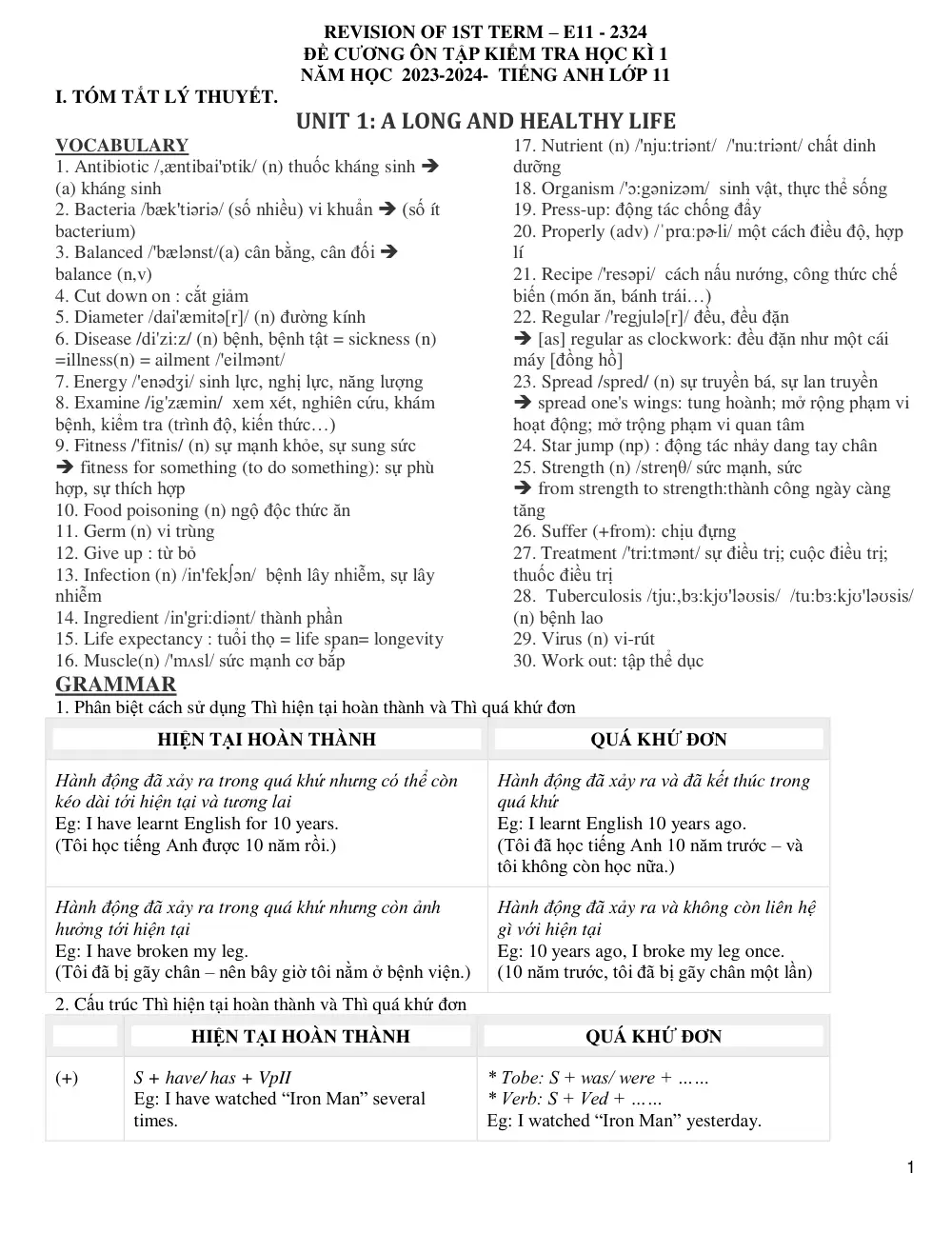 Đề cương ôn tập Học kì 1 Tiếng Anh 11 năm 2023-2024 trường THPT Quế Võ 1 (Bắc Ninh) - trang 1
