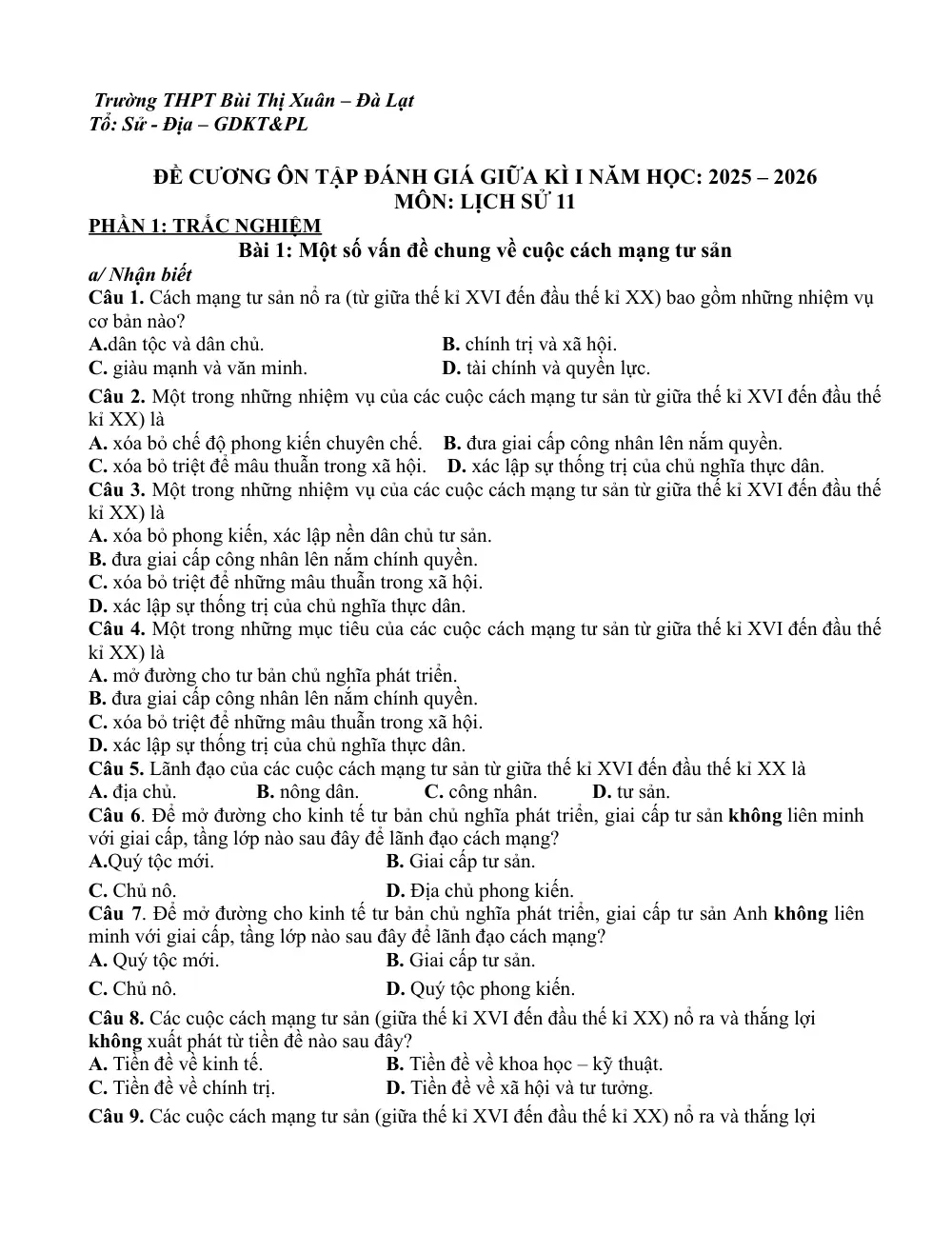 Đề cương ôn tập Giữa kì 1 Lịch sử 11 năm 2025-2026 trường THPT Bùi Thị Xuân (Lâm Đồng) - trang 1