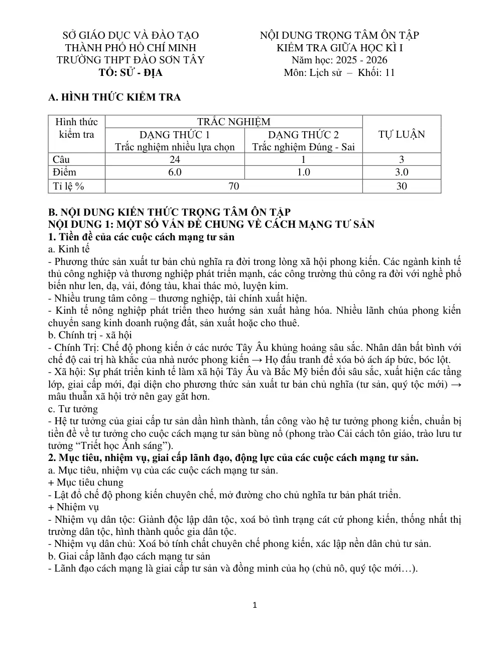 Đề cương ôn tập Giữa kì 1 Lịch sử 11 năm 2025-2026 trường THPT Đào Sơn Tây (TP Hồ Chí Minh) - trang 1